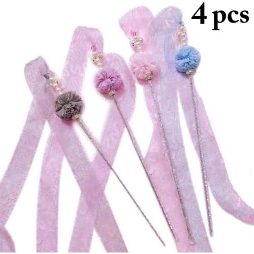 4PCS Cat Teaser Wand Plush Ribbon Pompom Cat Interactive Toy Cat Teaser Toy
