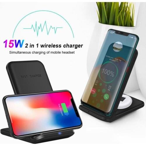15W Qi Wireless Charger For Samsung S20 S10 S9 Note 10 Buds 2 In 1 Fast Charging Stand For IPhone 11 XS XR X 8 Airpods Pro