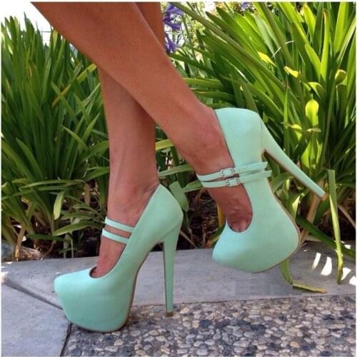 Beige (blue, black) cashmere leather double buckle belt heels 14. 5 cm women pumps women shoes plus size