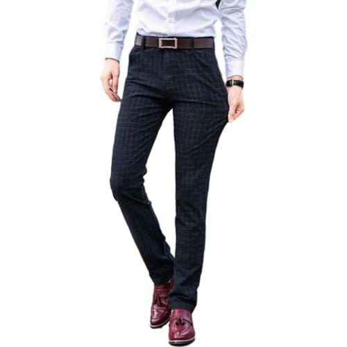 Summer Men Suit Pants Autumn Winter Handsome Plaid Pocket Long Slim Trousers Business Wedding Party 38 Size
