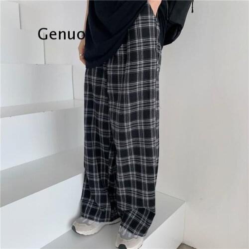 Plaid Pants Women Chic Oversize Loose Wide Leg Trousers Ins Retro Teens Harajuku Hip-hop All-match Unisex Streetwear Pants