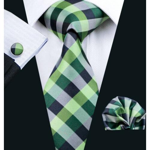 LS-406 2016 Hot Ties For Man Plaid Classic Green Jacquard Woven 100% Silk Tie Hanky Cufflink Set For Men Formal Wedding Party