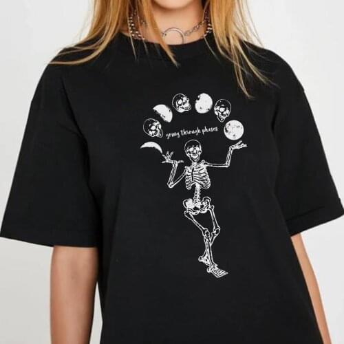 Skeleton Moon Phases Gothic Top Oversized Punk Streetwear Graphic Tee Women T Shirt Funny T Shirts Edgy Fashion Grunge Clothes