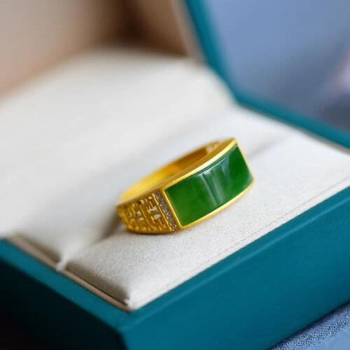 Natural Hetian Jade Green Jade Ring S925 Sterling Silver Ring Female Ins Trendy Retro Ring Opening Adjustable Ornament