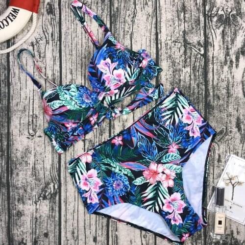 Flower Printing Bikini Set High Waist Sleeveless V Neck Summer Swimwear for Women Casual Maillot De Bain Womens Bikini Swimsuit