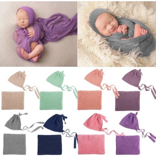 2 Pcs Baby Blanket Hat Set Stretchy Newborn Swaddle Wrap Receiving Blanket Baby Bonnet for Newborn Photography Props Accessories