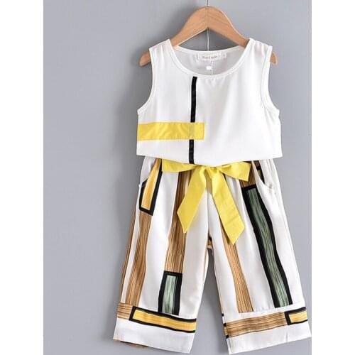 Girls Outfits 2021 Explosive Geometric Print Tank Top + Striped Wide-leg Pants Two-piece Suit Pants