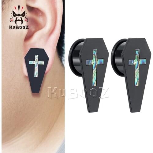 KUBOOZ New Popular Shell Cross Acrylic Black Ear Piercing Tunnels Fashion Body Jewelry Ear Plugs Gauges Stretchers 2PCS One Pair