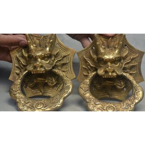 Copper Statue 6" China FengShui Brass Guard Beast Dragon Kylin Head Statue Door Knocker Pair