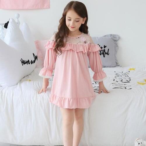 Fahion Summer Children Pajamas Bbay Girls Nightdress Cotton Thin 100% Lace Long Sleeve Nightgown Girls Home Clothes 2y-14y