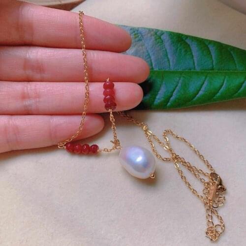 Fashion natural white pearl red jadeite beads gold necklace gift Stone Fashion pink Elegant Pendant Necklace Women Pearl Square
