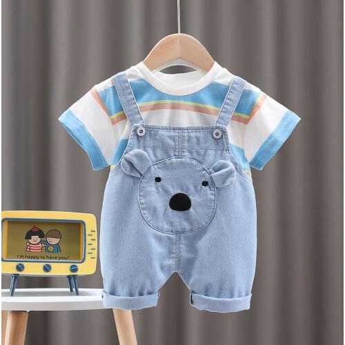 Little Grils Suits Baby Boys Fashion Cute Bear Overalls Stripe Tops Two-piece Simplicity Outifts Little Boys Loose Clothes Sets