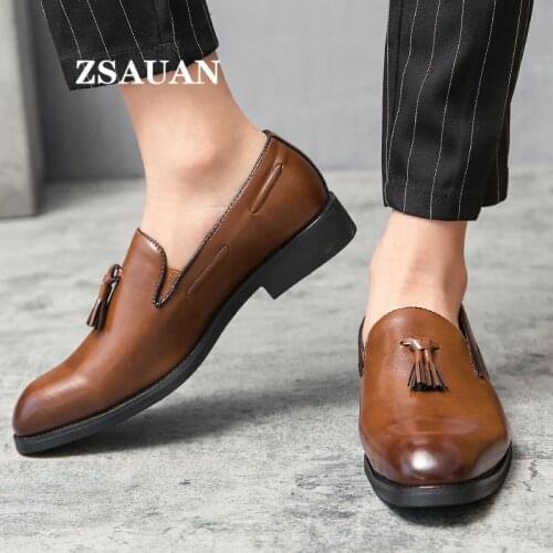 ZSAUAN Solid Tassel British Shoe for Men Slip-on Men Dress Shoes Business Gentleman Solemn Events Footwear Basic Over Size