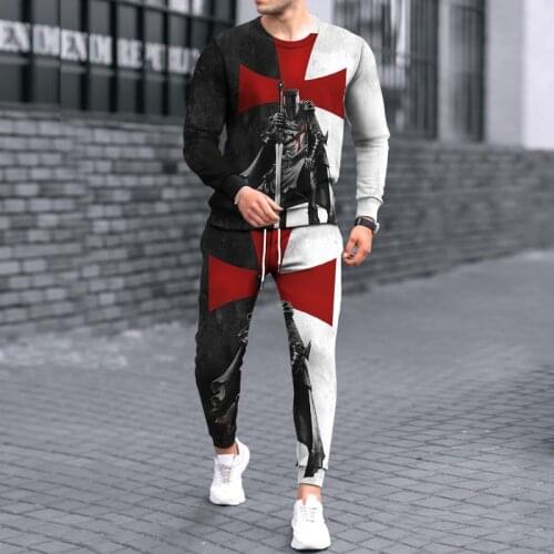 Mens Plus Size Sports 3d Printing Round Neck Sweater Long-sleeved T-shirt + Trousers Two-piece Fashion Casual Mens Suit
