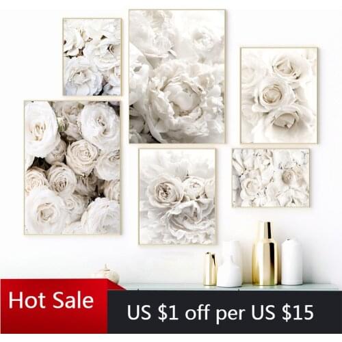 Wall Art Canvas Painting Bloom Peony Rose White Flowers Garden Nordic Prints Wall Pictures For Posters Aesthetic Room Decor
