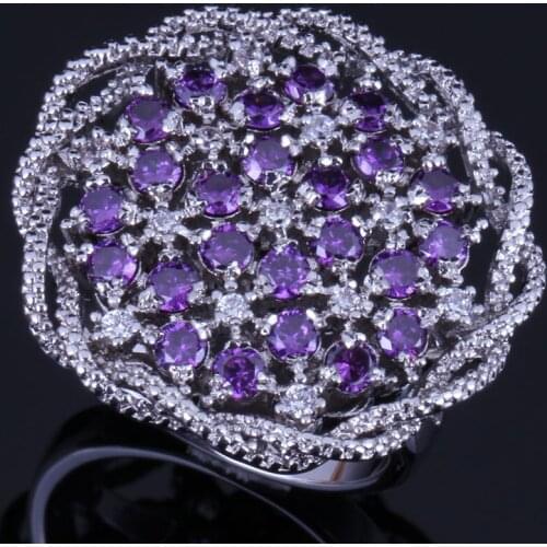 Enchanting Big Flower Purple Cubic Zirconia White CZ Silver Plated Ring V0522
