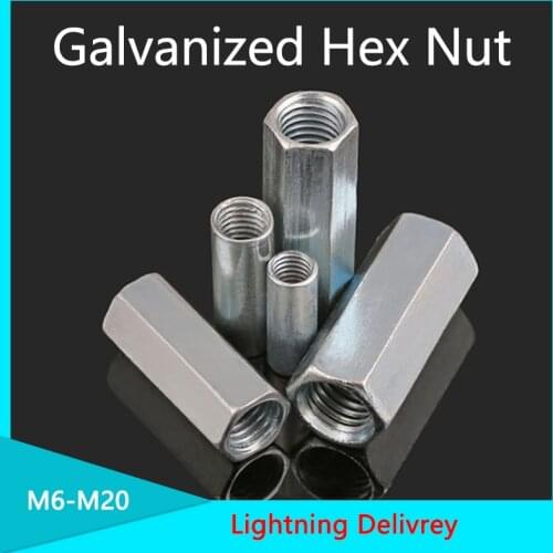 Galvanized Rod Coupling Hex Nut steel Galvanized Long Hex Nut Connection Thread Nut M6-M12 1/20PCS