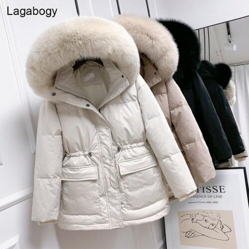 Lagabogy Large Real Raccoon Fur Hooded 2021 Short Female Winter Feather Down Coat Women 90% Duck Down Jacket Puffer Fluffy Parka