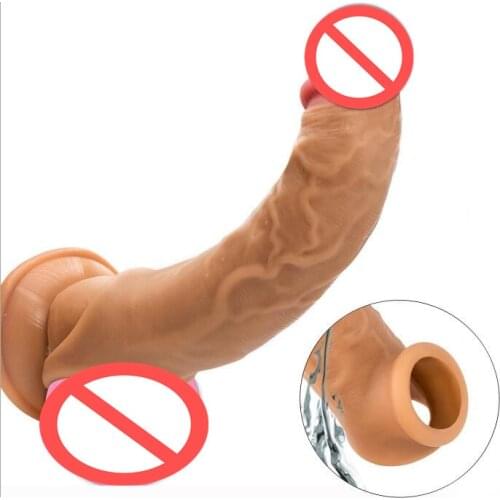 Realistic Liquid Silicone Penis Sleeve Extender Cock Enlargement Male Reusable Condoms Delay Gonobolia Ring Adult Sex Toy