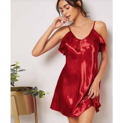 Sexy Women Sling Dress V Neck Backless Ruffles Solid Color Satin Nightwear Sleepwear