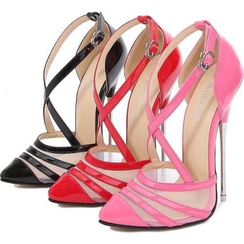 16CM Womens Pointy Toe Stilettos Metal High Heels Pumps Sexy Nightclub Clear Cross-Strap Patent Leather Shoes Plus Size 35-46