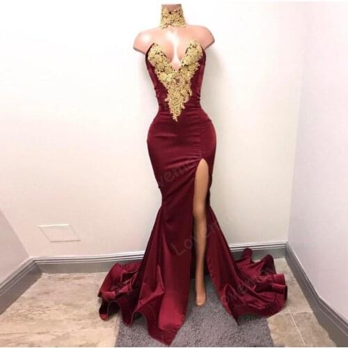 Burgundy Mermaid Evening Dresses Gold Lace Appliques Sexy Slit Deep V-Neck Prom Party Gowns Formal Dresses Vestidos De Fiesta