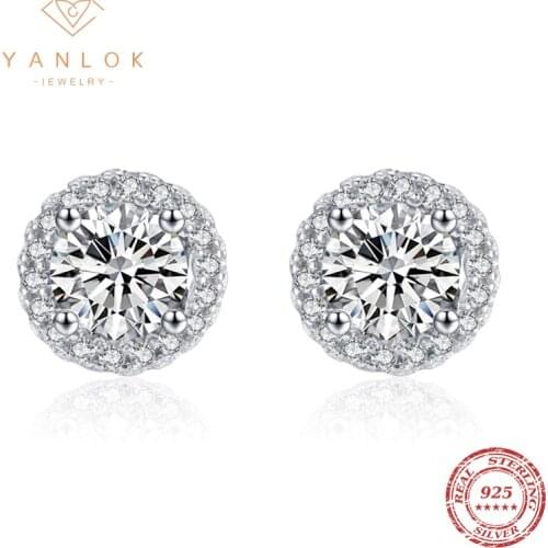 YANLOK Authentic 925 Sterling Silver Dazzling Clear CZ Fashion Stud Earrings For Women Wedding Engagement Statement Jewelry
