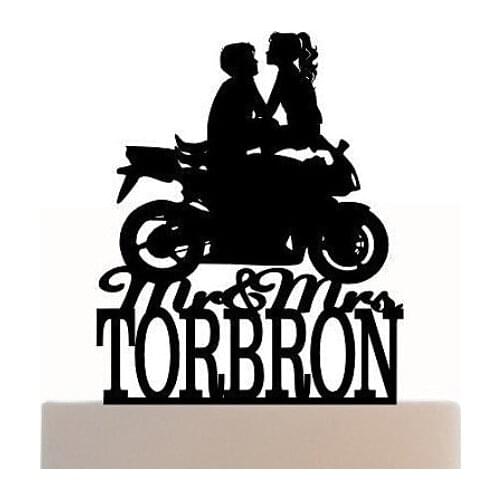 Acrylic wedding Cake Toppers couples on the Motorcycle custom bride groom last name engagement bridal shower party decorations