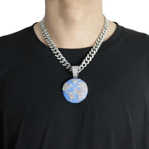 Iced Out Blue Earth Pendant Bling Cubic Zircon Necklace For Men Fashion Hip Hop Party Jewelry With 13mm Miami Cuban Chain