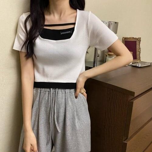 Women Short Sleeve Tank Top Fake Two Short-Sleeved T-shirt Knitted Bottom Solid Slim Basic Casual Female Black White T-Shirt