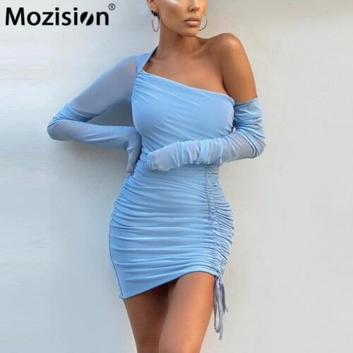 Mozision Mesh Drawstring Ruched Dress For Women One Shoulder See Through Mini Dresses Ladies Sexy Party Clubwear Dress Vestidos