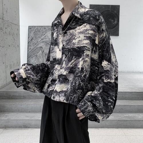 Mens Youth Korean Fashion Retro Printed Sleeve Loose Casual Shirt Top