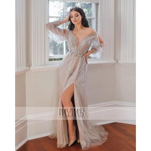 MYMB Breathbreaking Caramel Prom Party Gowns Long Open Sleeve Tulle High Split Hand Beading Evening Gowns For Women Celebrity