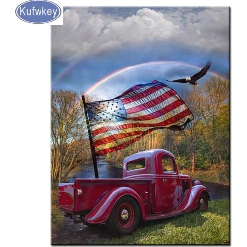 New,Diamond Painting America Flag Car Full Square Drill Complete Kit Crystal Mosaic Bead Picture diamond Embroidery Landscape