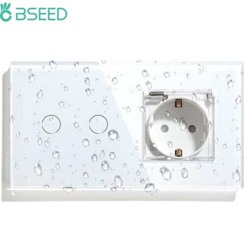 BSEED 1/2/3Gang 1Way Light Touch Switch Bathroon Wall Socket with Cover Wall Light Switches Outdoor Power Sockets White Glass