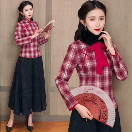 New Student Republic of China Style Sub-Cheongsam Shirt Short Chinese Long-Sleeved Womens Tang Suit