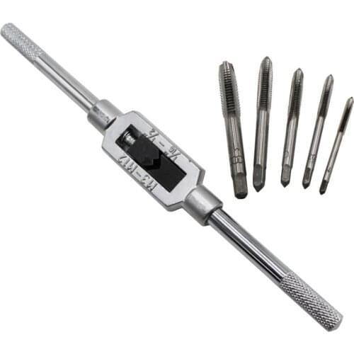 New 6pcs 3F Hand Screw Thread Metric Plug Tap Set M3 M4 M5 M6 M8 with Adjustable Tap Wrench 1/16-1/4"