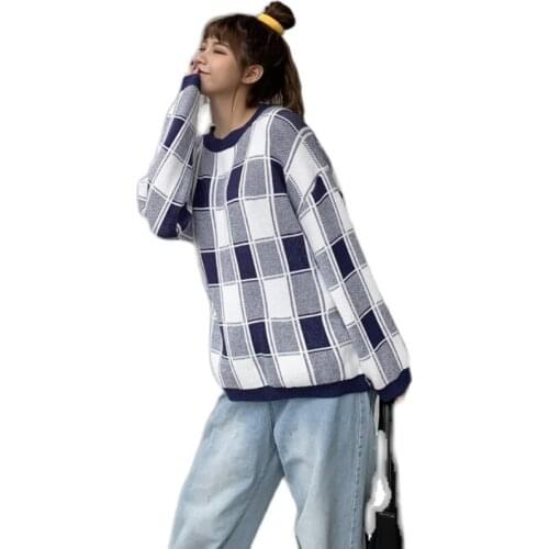 Autumn and winter bottoming Long Sleeve Sweater Top thickened Sweater Pullover check versatile