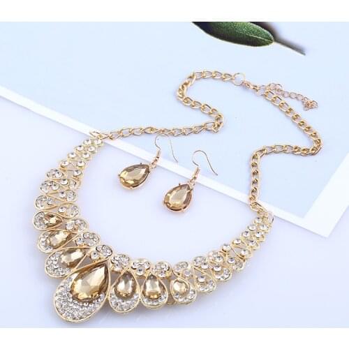 PAGlisten Vogue Luxury Jewelry Beautiful Color Rhinestone Water Droplets Necklace Earrings Sets Charm Collar Orecchini For Women