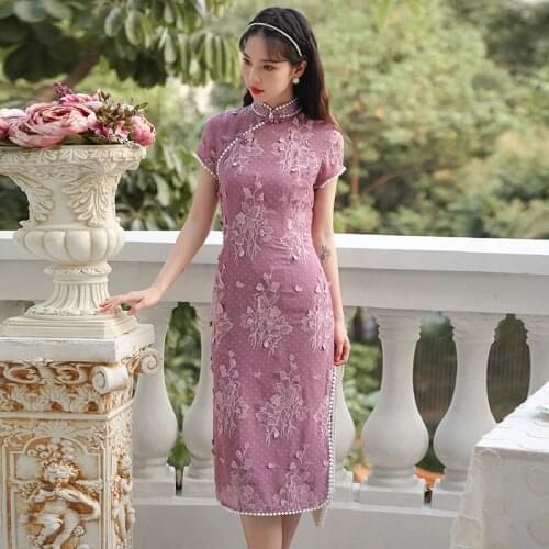 Purple Young Elegant Cheongsam Improved Fairy Dress Women Summer 2021 New Retro Embroidery Split Mid-length Slim Qipao Vestido