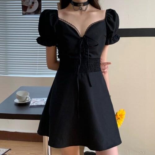 Summer Vintage Retro Dress Women Elegant Sweet Goth Kawaii Dress Female High Street Casual Hepburn Black Korean Dress 2021 New