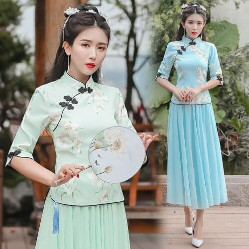 Everyday Elegant Embroidery Tang Dress Shirt Skirt Retro Cheongsam Top Two-piece Women tops Chinese Style Hanfu girls