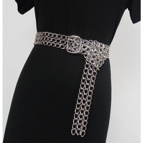European Punk Waist Belt Three Layers Links Waist Chain Silver Gold Metal Alloy Belt Hollow Out Buckle Adjustable Pant Belt 2021