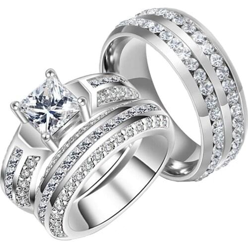 Luxury Romantic Shiny Zircon Inlaid Princess Engagement Wedding Ring Set