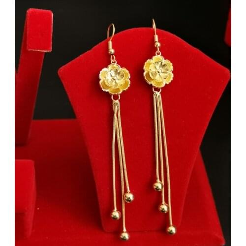 Charmhouse 24K Yellow Gold Color Earrings For Women Flowers 10cm Long Tassel Earing Brincos Pendientes Wedding Bridal Jewelry