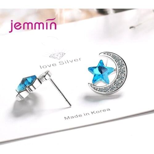 925 Sterling Silver Stud Earrings For Women Girls Party Engagement CZ Cubic Zirconia Decoration Jewelry Trendy Moon/Star Design