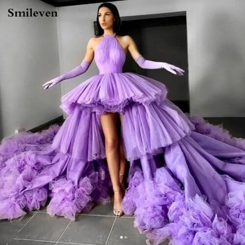 Smileven Purple Princess Prom Gown High Low Tiered Puff Tulle Long Evening Dress Deep Halter Neck Prom Party Dresses Custom Made