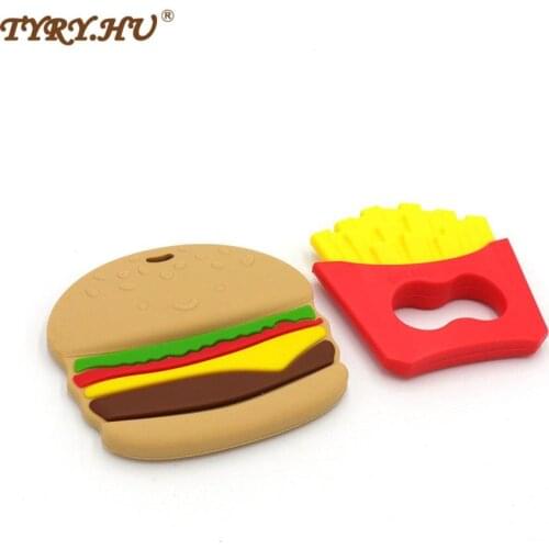 TYRY.HU 2pcs Potato Chips+Hamburger Baby Teether Food Grade French Fries Silicone Teether Beads For Necklace Pendant Nursing Toy