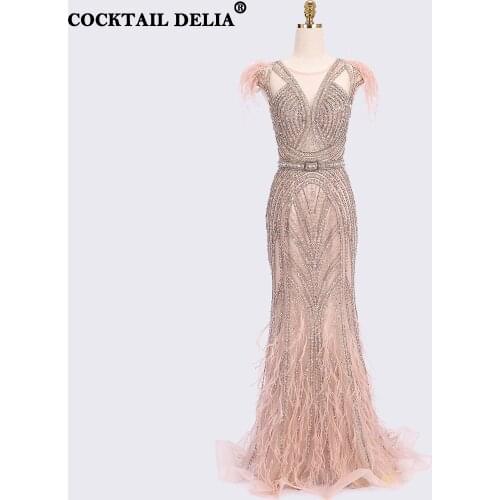 Champagne Luxury V-Neck Evening Dress 2021 Elegant Ceremony Long Party Dresses Sexy Mermaid Feathers Sleeveless Formal Beading