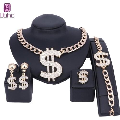US Dollar Jewelry Sets Necklace Bracelet Earrings Ring Women Money Sign Gold Color Middle Eastern / African Jewellery Set